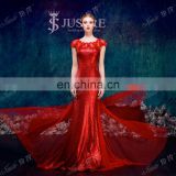 Amazing Beaded Cap Sleeves Flowing Lace Sequins Long Train Red Mermaid Evening Dresses China 2015