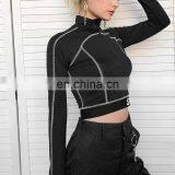 Hot Wholesale Ladies High Collar Zipper Sexy Skinny Fit Short Long Sleeve Crop Top thumbnail-5