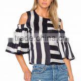 Striped Design Women Top Cold Shoulder Trendy Holiday Fashion Tops thumbnail-1