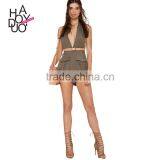 HAODUOYI Gray Plunge Neck Halter Tie Back Two Pockets Romper thumbnail-1