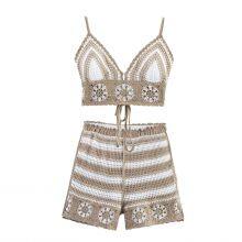 Sweet and Spicy Girl Vacation Style Set, Female Sexy Hollow Hook Flower Hanging Neck Strap Vest thumbnail-2