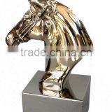 NICKLE FINISHED METAL HORSE FACE STATUE ON WOODEN BASE FOR HOME DECORATION thumbnail-1