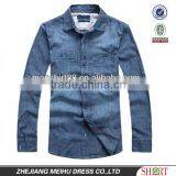 100% Cotton Dark Blue Washed Cowboy Long Sleeve Casual Shirts for Men With Two Pockets thumbnail-1