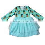 2016 baby dress girl pineapple print casual frock blue color lace new model girl dress