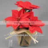 RED ARTIFICIAL VELVET POINSETTIA FLOWER BUSH X 3 W/3 PCS POINSETTIA FLOWER HEAD ON BURLAP PLANTER thumbnail-1