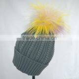 Myfur Grey Color Winter Striped Knitting Cap With Customized Big Fur Pom Pom thumbnail-5