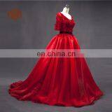 Supplier In China Shiney Short Sleeve Ball Gown Organza Handmade Flower Beaded Red Prom Dress thumbnail-3