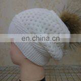 Real Wool Knitted With Raccoon Fur Pompom Beanie Hat Pretty Wool Knitted Raccoon Fur Ball Hat thumbnail-4