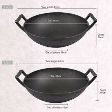 Chinese Traditional Black Round Pre-flavored Non Stick Pan 32/36cm Thickened Flat Cast Iron Wok With Double Handle thumbnail-2