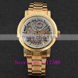 New Fashion Gold Skeleton Watch Men Luury Brand Self Wind Mechanical Wristwatches Male Stainless Steel Analog Clock W125 thumbnail-3
