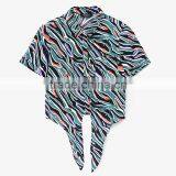 Custom OEM Service Women All Over Printed Swallow Tail Short Sleeve Lady Blouse & Top With Stand Collar thumbnail-6