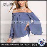 MGOO New Custom Designs Plain Blue Blouses Off Shoulder Long Sleeves Flare Opening Fashion Viscose Blouses thumbnail-1