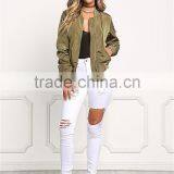 MGOO Fashion Apparel Cheap Price Custom Green Olive Bomber Jackets Crewneck Bottom Sleeves Cuff Silver Zippers thumbnail-3