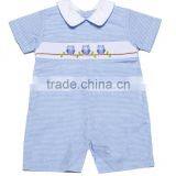 Baby Boy Light Blue Mini Gingham Smocked Cute Owls Shortall thumbnail-1