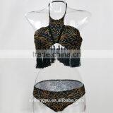 Black Tassel Leaves Swimwear Bikini/ Latest Fashion Green Vintage Tassel Bikini Swimwear