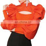 TWOTWINSTYLE Patchwork Hollow Out Shirt For Women Stand Collar Puff Sleeve Casual Black thumbnail-1