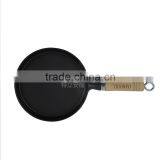 Mini round cast iron grill pan with wooden handle