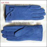 High Quality Girls in Fashion Suede Navy Blue Leather Gloves With Bow thumbnail-3