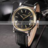 Golden Steel Case Black Dial Reloje Date Display Quartz Analog Leather Band Men Watch thumbnail-3