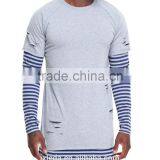 Crew Neck Tees Sleeve Color Block Stripe Layer Men's Longline t Shirt thumbnail-1