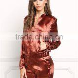 MGOO Custom Made Brown Satin Shiny Bomber Jackets Women Outwear Spring Tops Latest New Designs Tops thumbnail-6