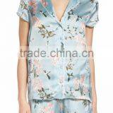 Women Floral Print Pajamas Set Short Sleeve Button Top With Shorts Satin Pattern Pyjama Set thumbnail-3