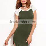 Color Block Slit Side Tee Dress Cotton Spandex Casual Short Raglan Sleeve Sexy Bodycon Tee Dress thumbnail-2