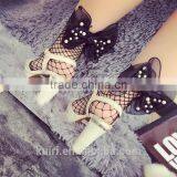 WS-36 2017New Hot Women Ruffle Large Fishnet Ankle High Socks Bow Tie Hollow Out Thin Mesh Lace Fish Net Short Socks thumbnail-4