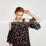 Black Short Sleeve Floral Print Dress, Women Cold Shoulder Summer Dress thumbnail-5
