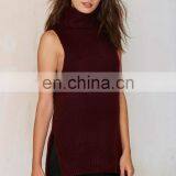 Sexy Burgundy Side Slits Asymmetric Turtleneck Sweater Sleeveless Sweater OEM thumbnail-3