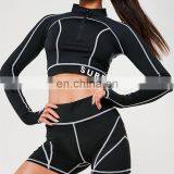 Hot Wholesale Ladies High Collar Zipper Sexy Skinny Fit Short Long Sleeve Crop Top thumbnail-2