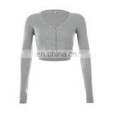 2020 Fall New Women Slim V-neck Cropped Top Solid Color Button Long Sleeve Cardigans thumbnail-6