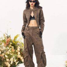 American Retro Brown Suede Jacket, Women's Autumn Motorcycle Hot Girl Slim Fit Trendy Brand Short Jacket Top thumbnail-3