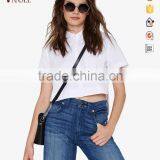 Lady's Slim Cotton Collared Solid White Shirt Short Sleeve Blouse thumbnail-1