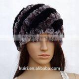 Rex Rabbit Fur Hats Fur Striped Knitted Cap for Women Genuine Rabbit Fur Hat Cap Winter Warms Hats thumbnail-3