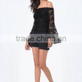 Clothes Woman Fashion Long Bell Sleeve Off-shoulder Lace Blouse Black for Wholesale 2017 thumbnail-3
