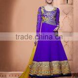 Royal Blue Color on Zari Embroidery Heavy Design and Mustard Color Flower Design Anarkali Designer Semi Stitch Salwar Kameez thumbnail-1