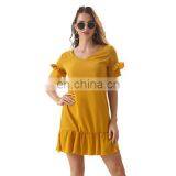 2020 Fashion New Lotus Leaf Skirt Short Sleeve Solid Color Dress Female Summer Stitching Chiffon Europe and America thumbnail-1
