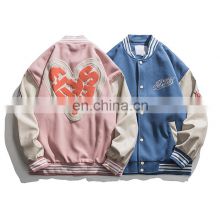 Casual style custom Washable printing mens button up Leather sleeves baseball jacket