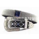 Clear Rhinestones Beaded Bling Western Mesh Belt With Blue Glass Concho