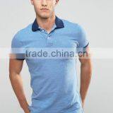 Short Sleeve Button Placket Split Sides Contrast Collar Men's 100% Cotton Breathable Pique 200g Casual Blue Blank Polo Shirt thumbnail-1