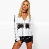 New Fashion Long Sleeve v Neck White Plus Size Chiffon Lace Sexy Saree Blouse