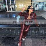Fashion Sexy Women Casual Outfits Winter Overalls PU Leather Crop Shirt+Split Pant Tracksuit Two Pieces Set thumbnail-4