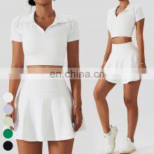 Wholesale Quick Dry Sports Clothing Tennis Dress Short T Shirt 2 Piece Suit Fitness Golf Wear Yoga Sets Women Tennis Skirt Set thumbnail-3
