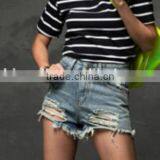 Cheap Wholesale Women High Waist Worn Holes Shorts Light Blue Fashion High Waist Denim Shorts thumbnail-1