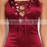 MGOO New Designs 2017 Lace Up Cross Strap Bodysuits Burgundy Satin Playsuits 2017 Summer Designs Beach Style thumbnail-4