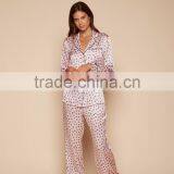 2017 MGOO Customized Pattern Printing Silk Pyjamas Long Sleeve Piping Pocket Satin Sleepwear Set For Women thumbnail-5
