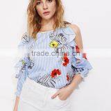 Frill Design Cold Shoulder Blue Stripe Top Ladies Floral Casual Blouse thumbnail-5