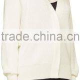 Raglan Sleeve Y-Neck Collared Ivory White Rib Knit Cashmere Cardigan for Women thumbnail-3