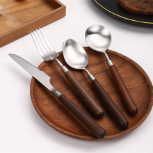 High Quality Wholesale China Factory Price Set of 4 Pieces Plated Silverware Cutlery Set Stainless Steel With Round Wood Handle Dinner Knife Fork Spoon thumbnail-4